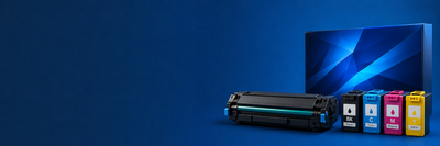 Refurbished Toner und Druckerzubehoer Schild vor blauem Hintergrund, Toner bei Top-Hardware