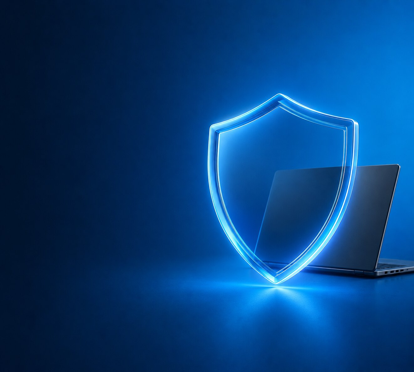 Leuchtendes blaues Schutzschild vor einem Notebook, 12 Monate Garantie bei Top-Hardware
