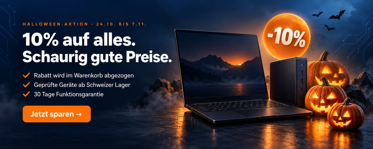 Halloween-Aktion bei Top-Hardware: 10% Rabatt auf alles vom 24.10. bis 7.11.2026, Notebook und Mini-PC mit leuchtenden Kürbislaternen