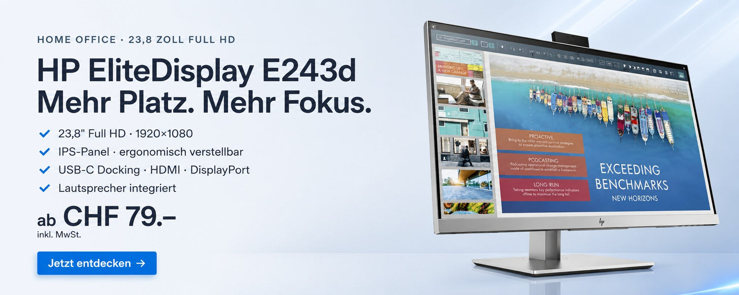 HP EliteDisplay E243d 23,8 Zoll Full HD Monitor mit IPS-Panel, USB-C Docking, HDMI und DisplayPort. Refurbished ab CHF 79 bei Top-Hardware Gränichen.
