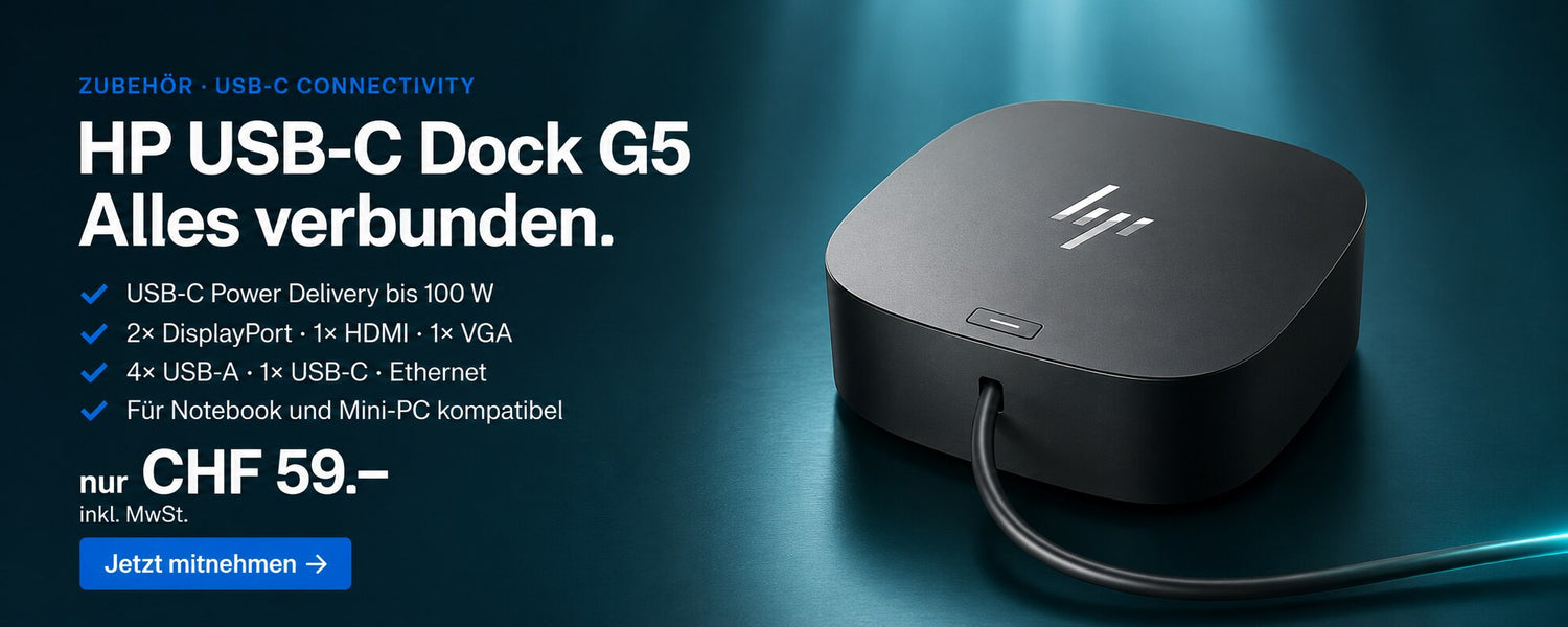 HP USB-C Dock G5 Dockingstation mit Power Delivery bis 100W, DisplayPort, HDMI, USB und Ethernet. Refurbished nur CHF 59 bei Top-Hardware Gränichen.
